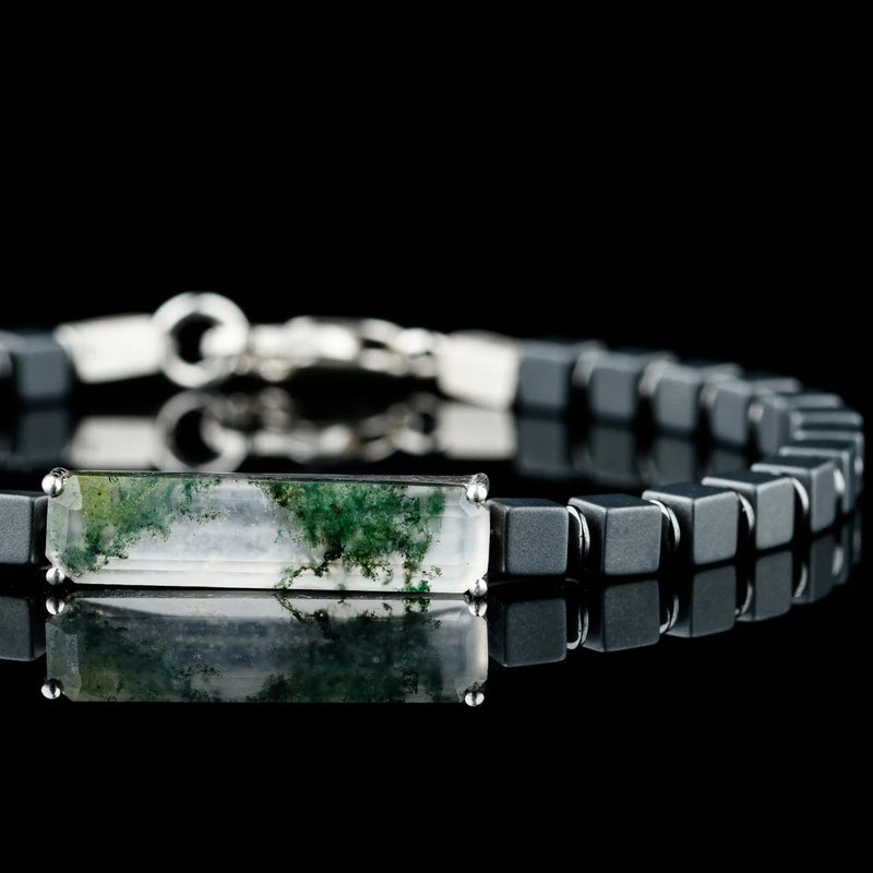 Moss Agate - Hematite Cube Bracelet I (4-6mm) - Primary Specimen
