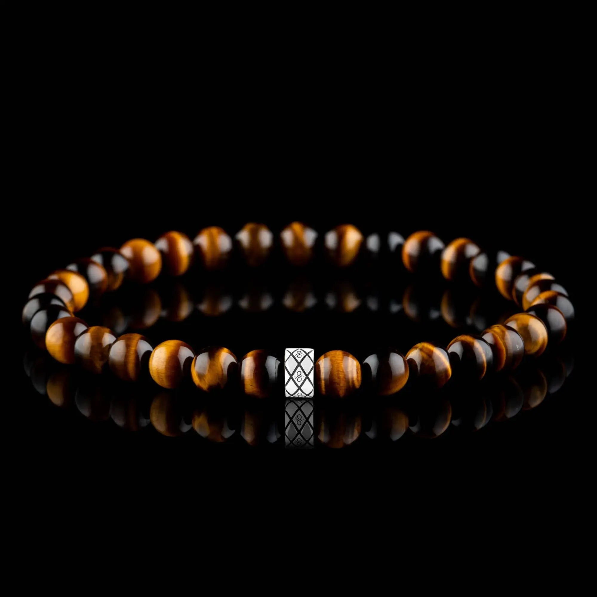 Tiger eye bracelet for men. 6mm Abacus design with natural golden bands on round Tiger Eye beads. Aurum Brothers.