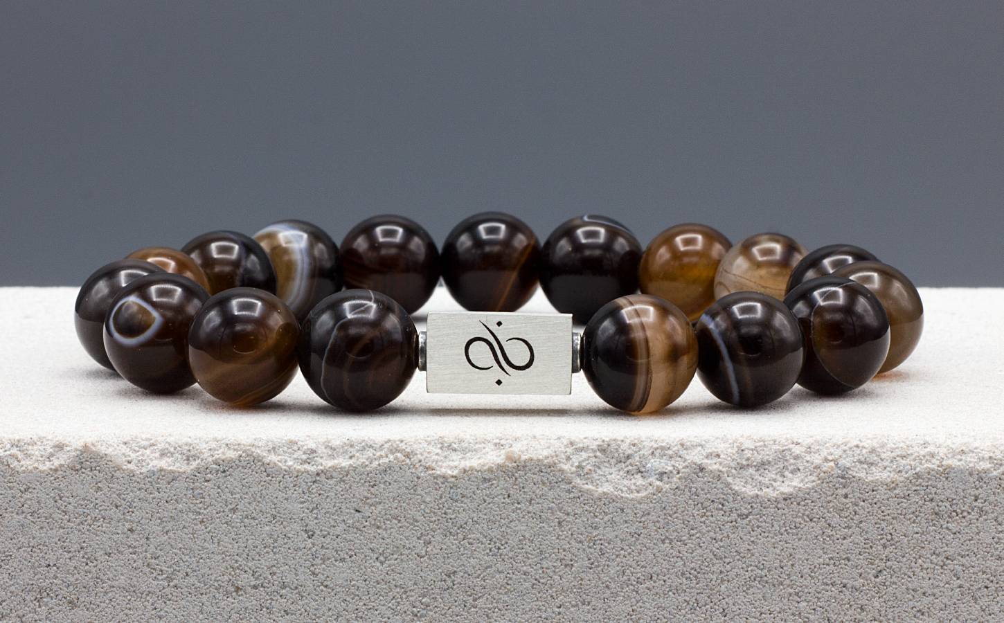 Classic Dark Brown Striped Agate, 12mm, Silver bracelet (6837628665910)