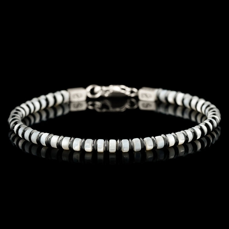 Mother of pearl bracelet for men. 4mm iridescent nacre beads. Aurum Brothers.