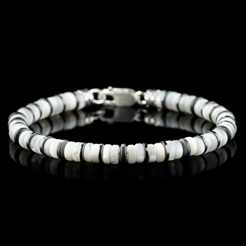 Mother of pearl bracelet for men. 6mm iridescent nacre beads. Aurum Brothers.