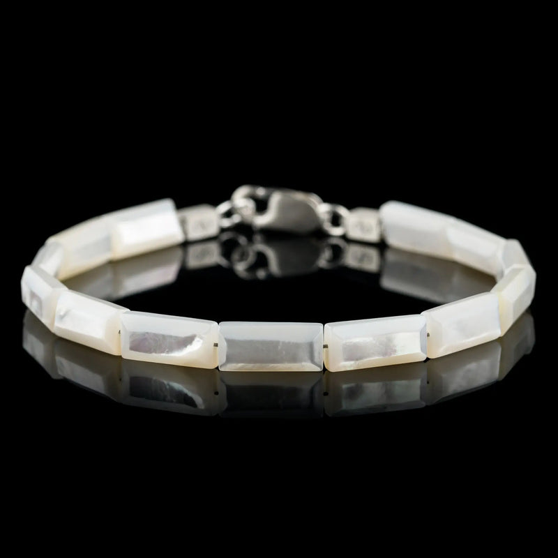 Silver lip oyster bracelet for men. 13x6mm shell tiles. Aurum Brothers.