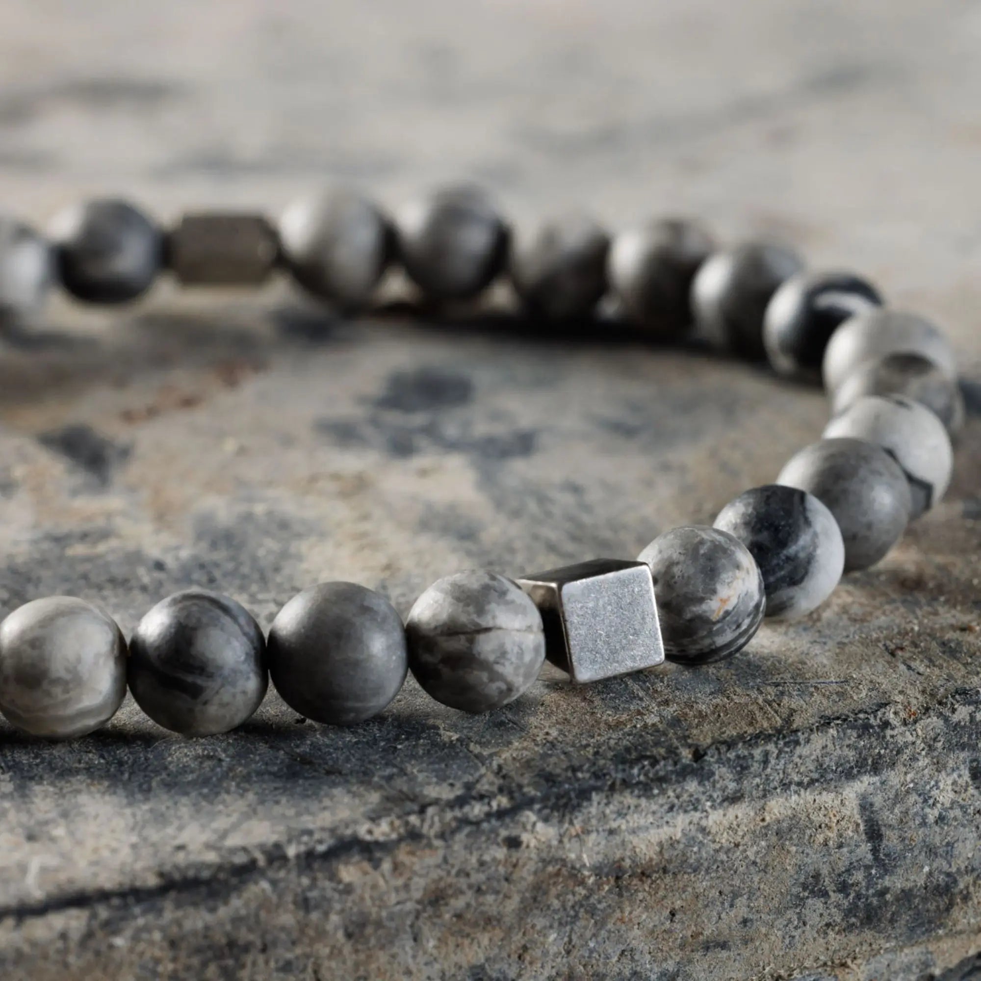 Silver Cube Matte Picasso Jasper Bracelet (6mm)