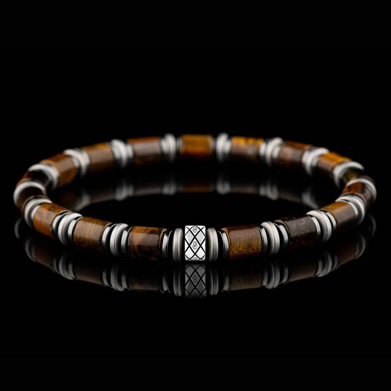 Tiger eye bracelet for men. 6mm Abacus design with golden tube-cut Tiger Eye and Hematite rings. Aurum Brothers.