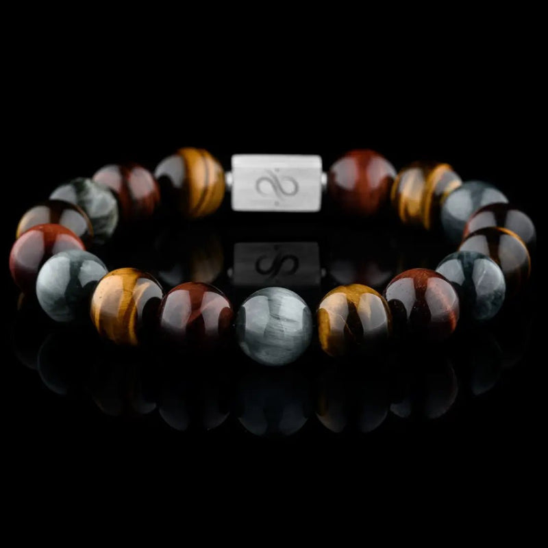 Tiger eye bracelet for men. 12mm Classic trio of gold Tiger Eye, red Ox's Eye, and grey Eagle Eye. Aurum Brothers.