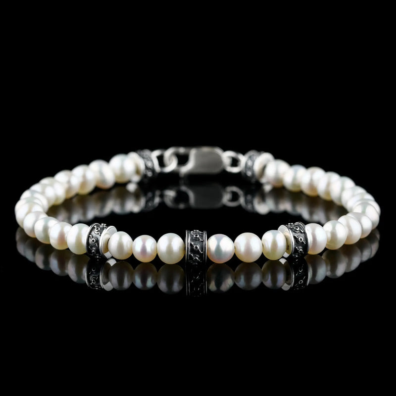 White pearl bracelet for men. 6mm lustrous pearls. Aurum Brothers.